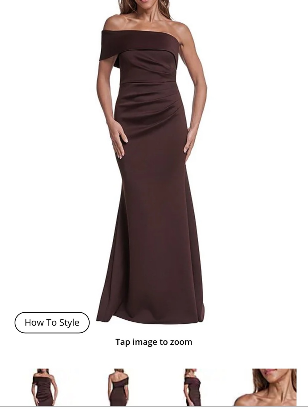 Eliza J Off-the-Shoulder Chocolate Brown Evening Gown. Great for a wedding!